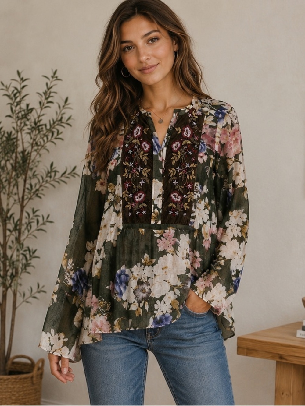 Aratta Silent Journey Tunic Top Womens Medium Floral Boho Semi Sheer BB